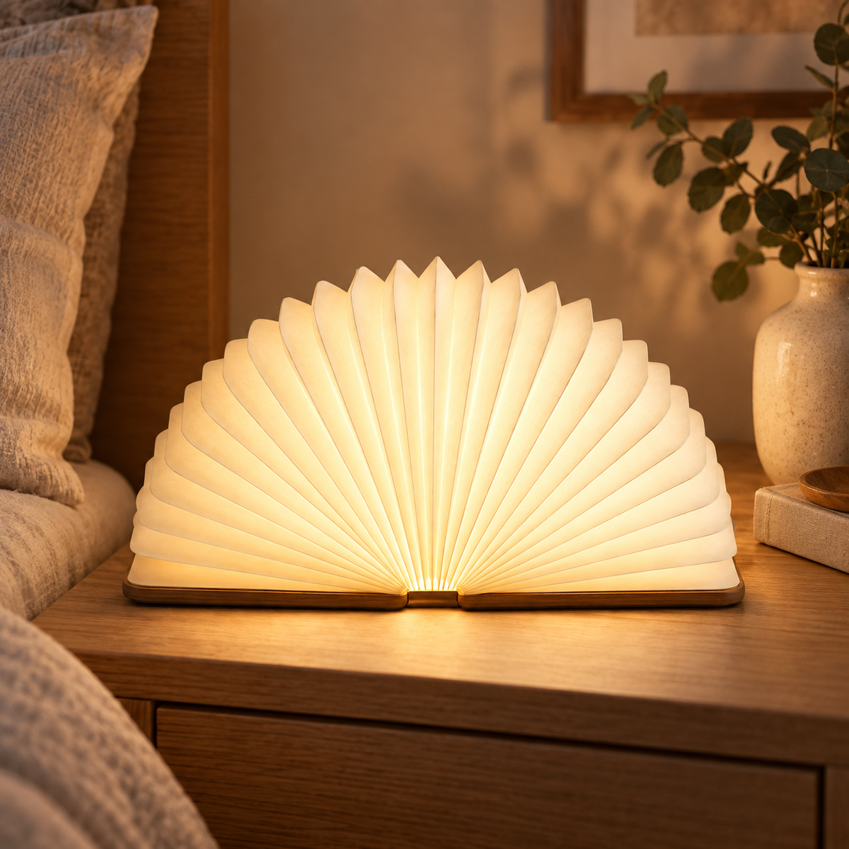 Faltbare Fächerlampe mit Holzsockel – Dekorative Ambienteleuchte im modernen Buchdesign