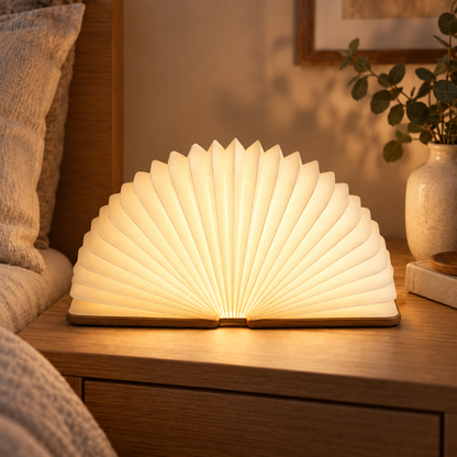 Faltbare Fächerlampe mit Holzsockel – Dekorative Ambienteleuchte im modernen Buchdesign