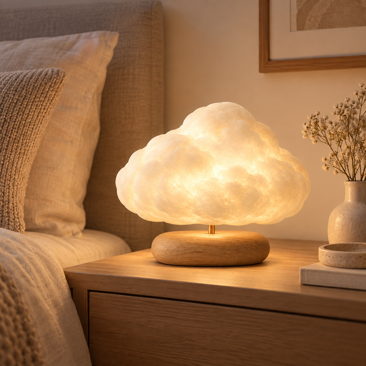 Wolkenlampe mit Holzsockel – Dekorative Ambienteleuchte mit warmem Licht für Schlafzimmer und Wohnzimmer