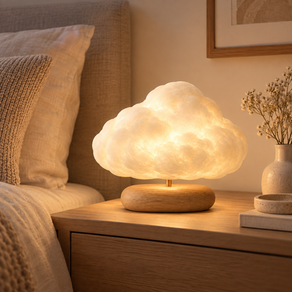 Wolkenlampe mit Holzsockel – Dekorative Ambienteleuchte mit warmem Licht für Schlafzimmer und Wohnzimmer