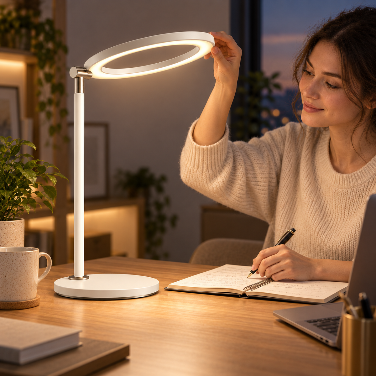 Minimalistische LED-Ring-Schreibtischlampe in Cremeweiß – Moderne Arbeitsleuchte für Büro, Lesen und Homeoffice