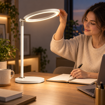 Minimalistische LED-Ring-Schreibtischlampe in Cremeweiß – Moderne Arbeitsleuchte für Büro, Lesen und Homeoffice