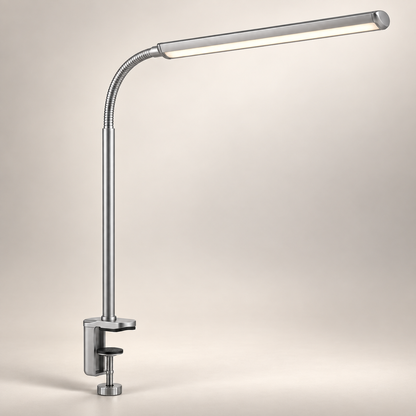 Silberne LED-Klemmleuchte mit flexiblem Schwanenhals – Platzsparende Schreibtischlampe für Homeoffice, Lesen und Lernen
