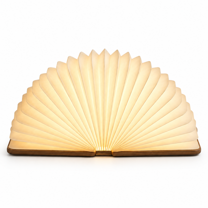 Faltbare Fächerlampe mit Holzsockel – Dekorative Ambienteleuchte im modernen Buchdesign