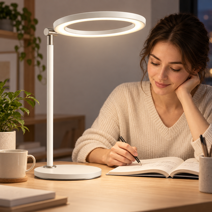 Minimalistische LED-Ring-Schreibtischlampe in Cremeweiß – Moderne Arbeitsleuchte für Büro, Lesen und Homeoffice