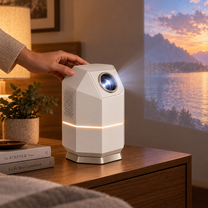 Kompakter Design-Projektor in moderner Turmform – Stilvoller Mini-Beamer für Wohnzimmer, Schlafzimmer und Heimkino