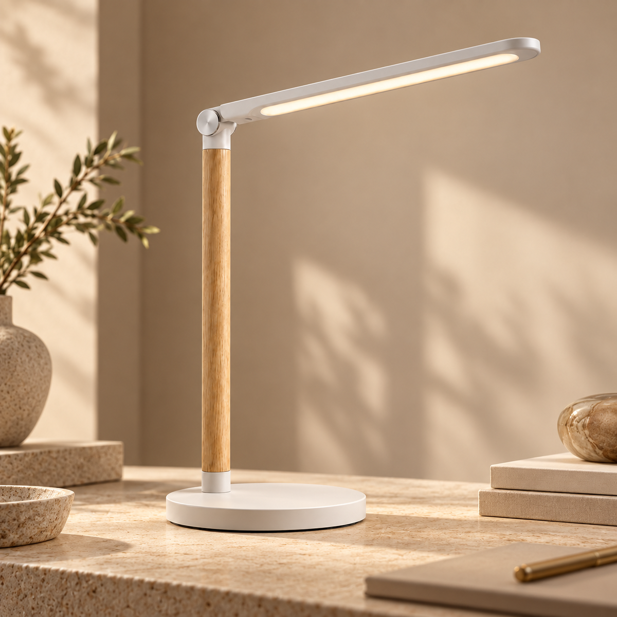 Minimalistische LED-Schreibtischlampe mit Holzoptik – Moderne Arbeitsleuchte für Homeoffice, Lesen und Lernen