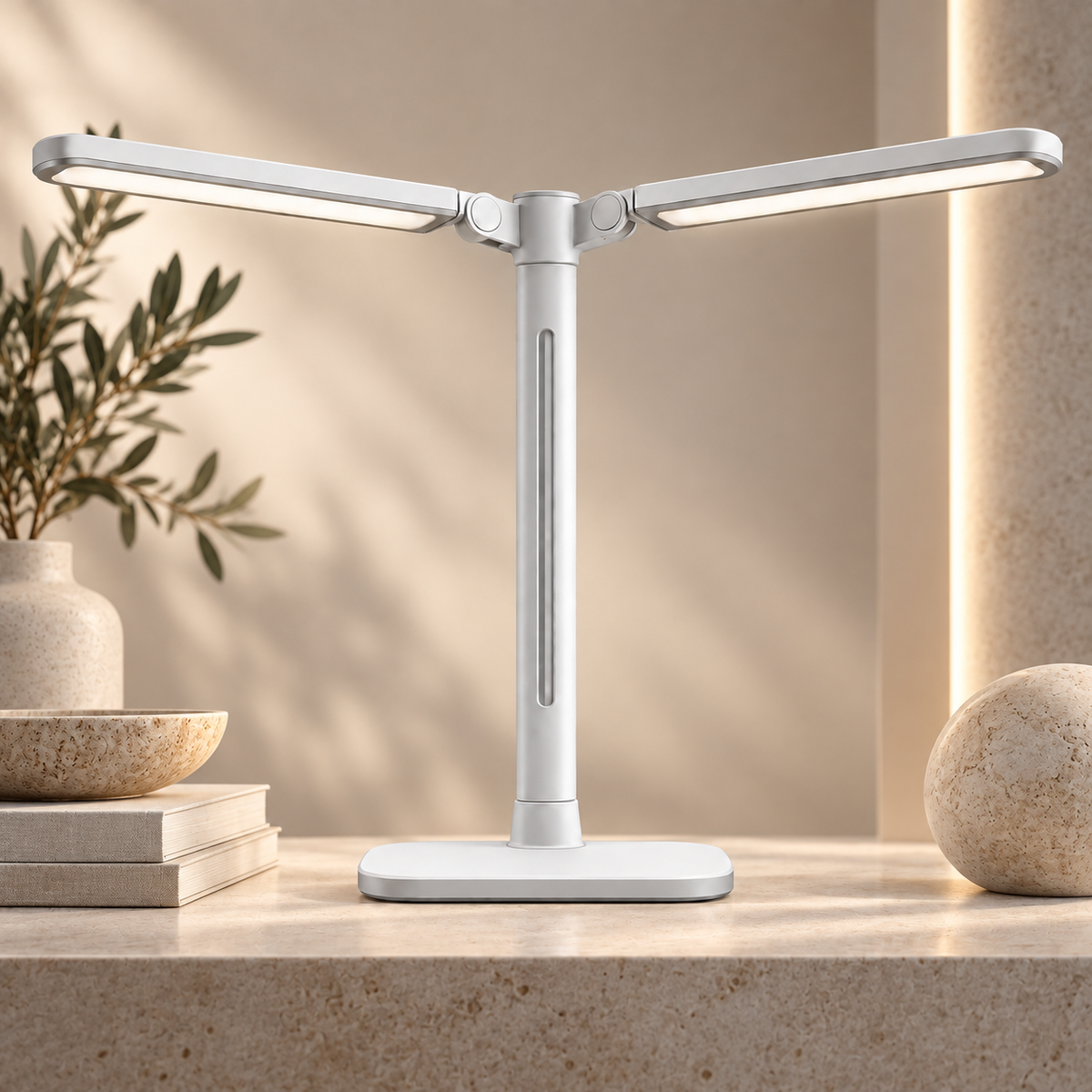 Doppelkopf LED-Schreibtischlampe in Weiß – Breite Arbeitsleuchte mit verstellbaren Lichtarmen für Homeoffice &amp; Lernen