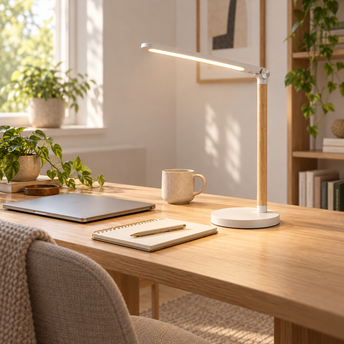Minimalistische LED-Schreibtischlampe mit Holzoptik – Moderne Arbeitsleuchte für Homeoffice, Lesen und Lernen