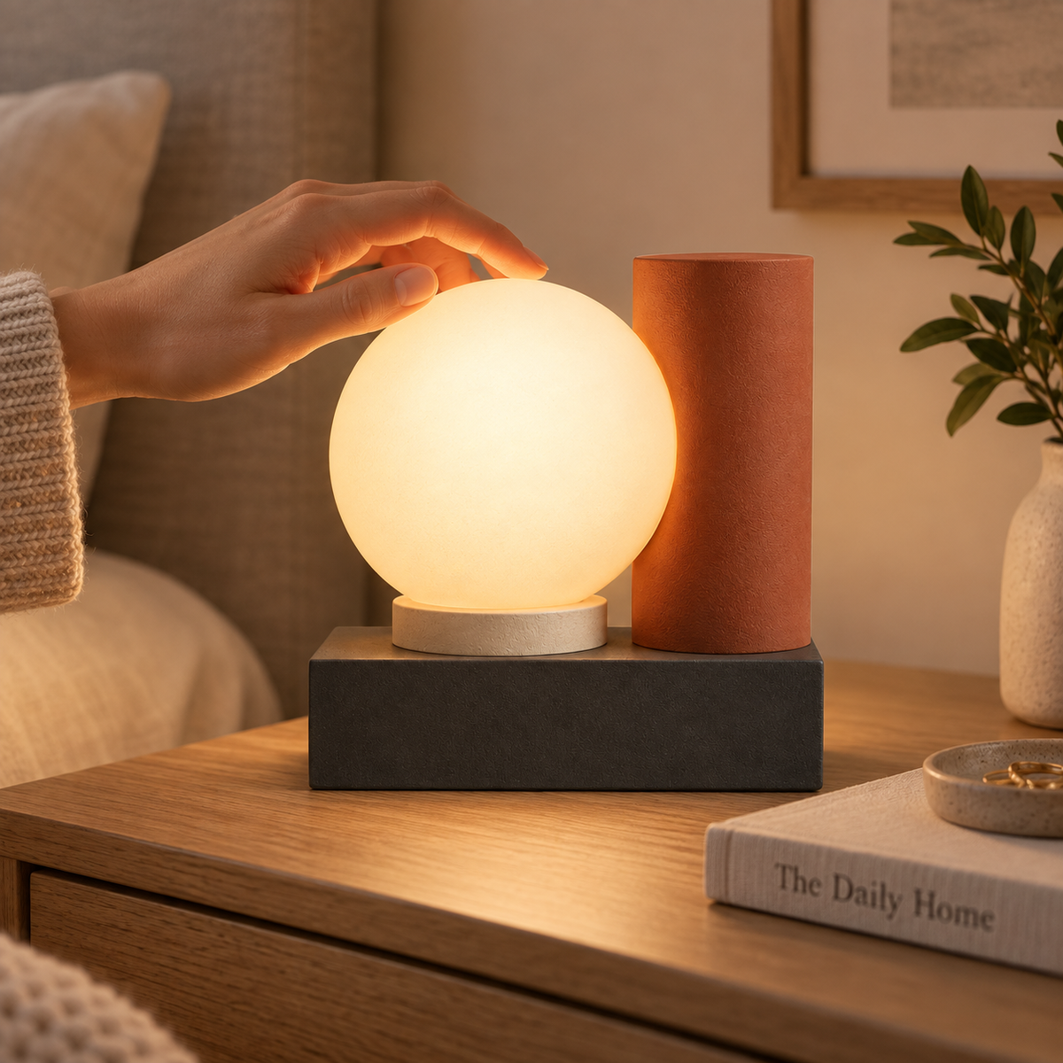 Moderne LED-Tischleuchte mit Lichtkugel – Geometrische Ambientelampe in warmen Naturtönen