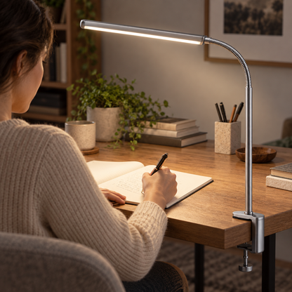 Silberne LED-Klemmleuchte mit flexiblem Schwanenhals – Platzsparende Schreibtischlampe für Homeoffice, Lesen und Lernen