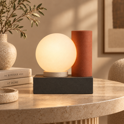 Moderne LED-Tischleuchte mit Lichtkugel – Geometrische Ambientelampe in warmen Naturtönen