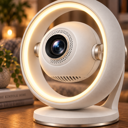 Moderner Mini-Projektor mit Ringlicht – Kompakter Heimkino-Beamer mit dekorativer Ambientebeleuchtung