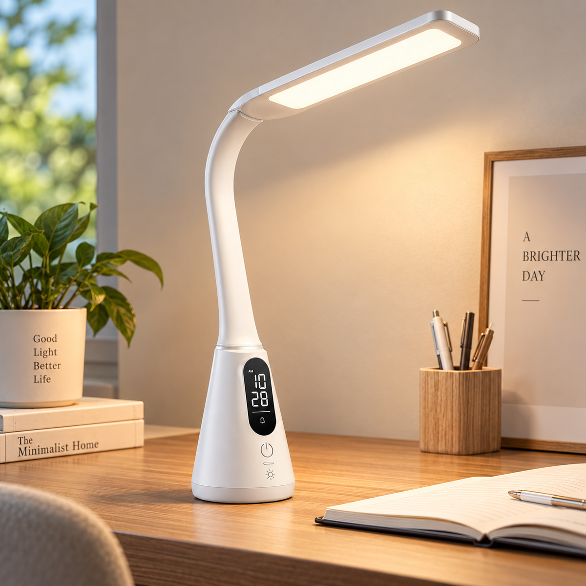 Moderne LED-Schreibtischlampe mit Digitaluhr – Flexible Tischleuchte mit Display und Touch-Bedienung