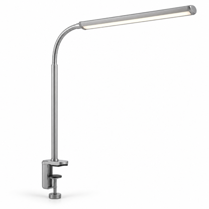 Silberne LED-Klemmleuchte mit flexiblem Schwanenhals – Platzsparende Schreibtischlampe für Homeoffice, Lesen und Lernen