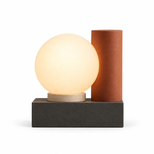 Moderne LED-Tischleuchte mit Lichtkugel – Geometrische Ambientelampe in warmen Naturtönen