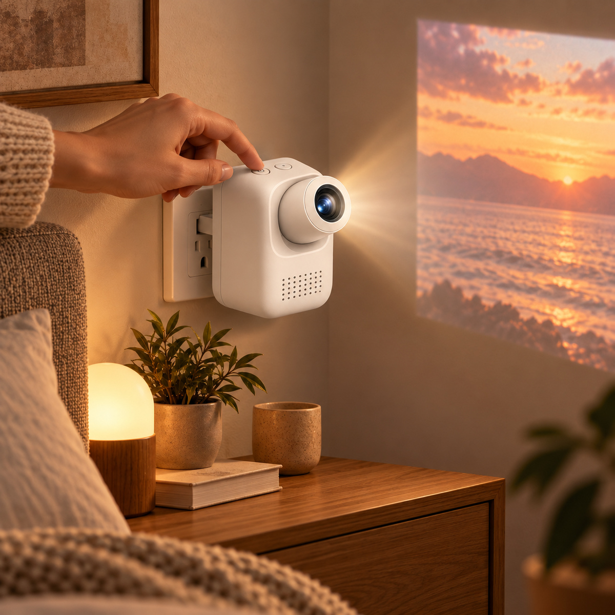 Kompakter Mini-Projektor mit integriertem Netzstecker – Platzsparender Projektor für Schlafzimmer und Wohnbereich