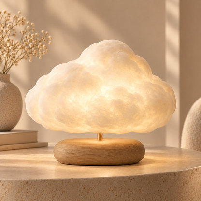 Wolkenlampe mit Holzsockel – Dekorative Ambienteleuchte mit warmem Licht für Schlafzimmer und Wohnzimmer