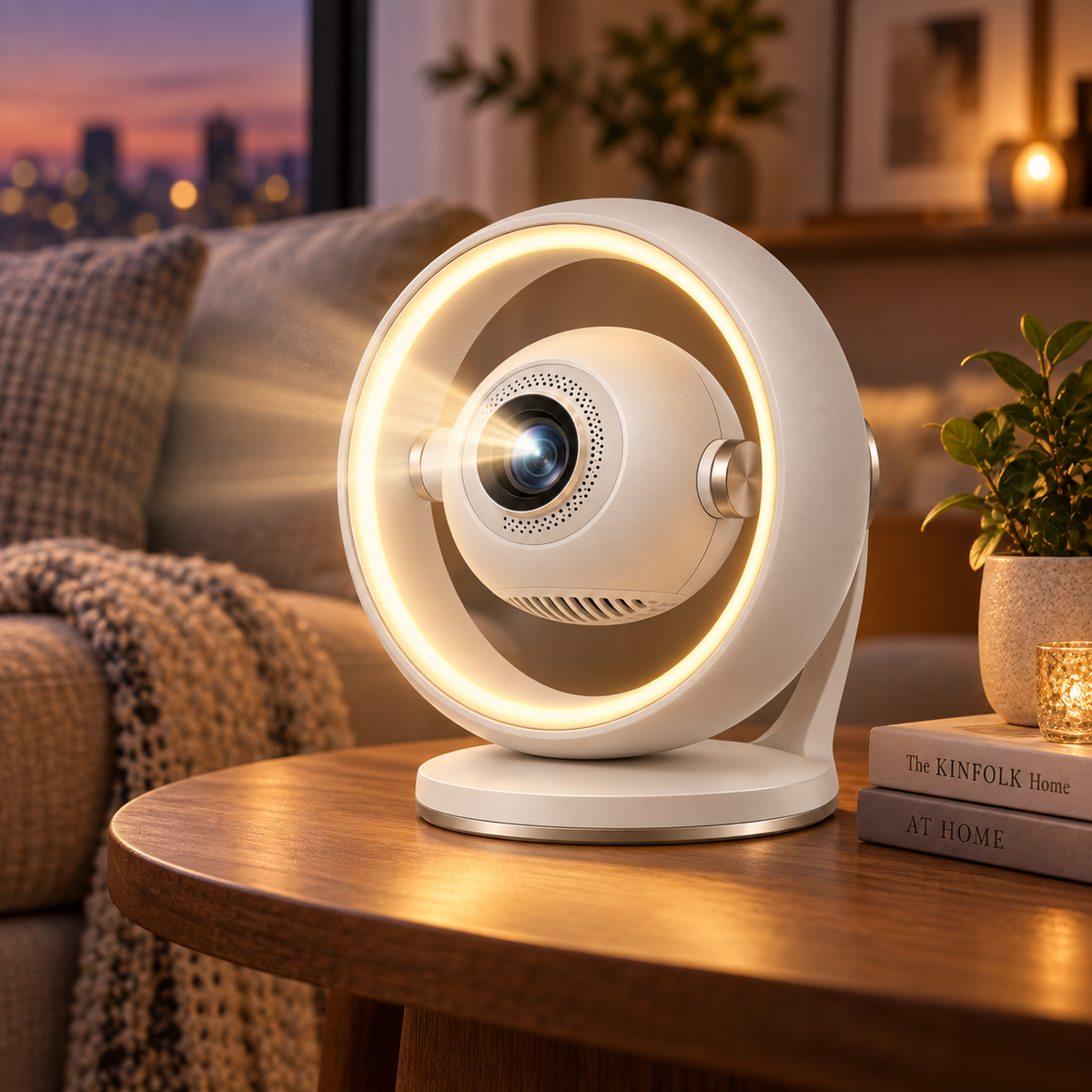 Moderner Mini-Projektor mit Ringlicht – Kompakter Heimkino-Beamer mit dekorativer Ambientebeleuchtung