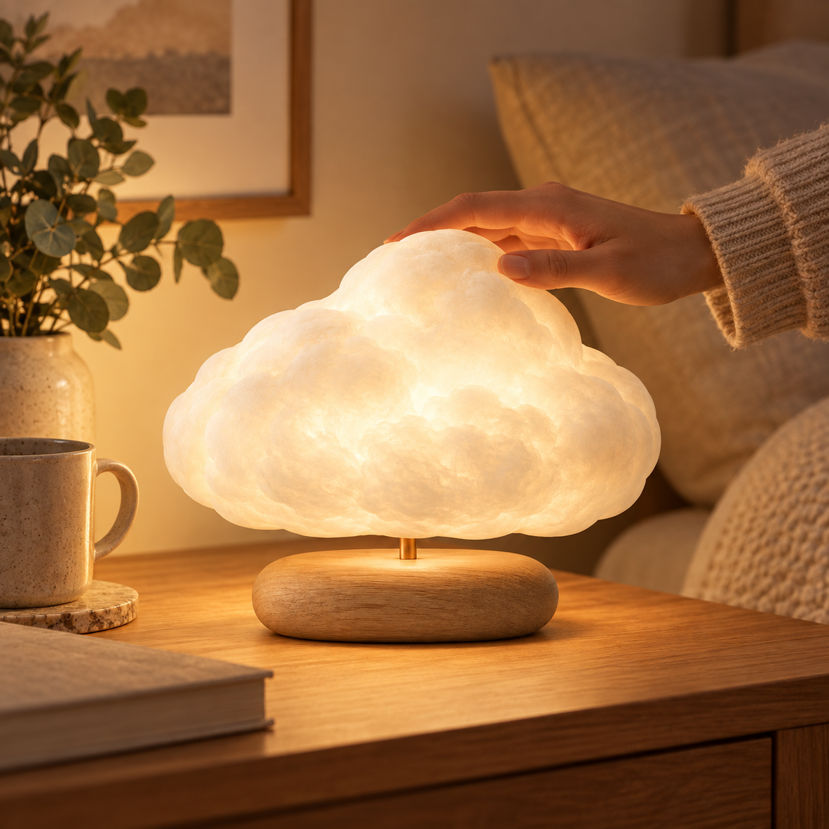 Wolkenlampe mit Holzsockel – Dekorative Ambienteleuchte mit warmem Licht für Schlafzimmer und Wohnzimmer